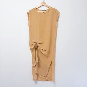 New! 100% Silk Tan Midi Dress with Knot Detail